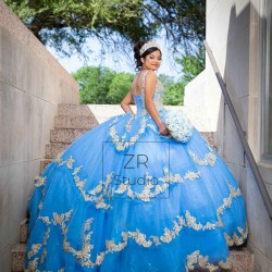 Sky Blue Quinceanera Dress Sweetheart Neck Women 2024 Ball Gown Gold Lace Appliques Girls Sweet 16 Dresses Off Shoulder Wear Pageant