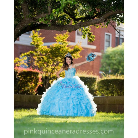 Sky Blue Ruffled Quinceanera Dress Sleeveless 15 Birthday Party Robe Sequin Crystal Instagram Gowns Sweetheart Neck Girls Sweet 16 Dresses