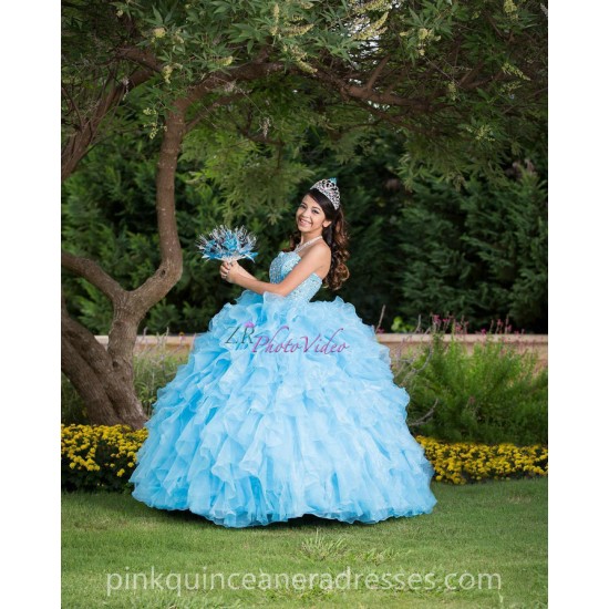 Sky Blue Ruffled Quinceanera Dress Sleeveless 15 Birthday Party Robe Sequin Crystal Instagram Gowns Sweetheart Neck Girls Sweet 16 Dresses