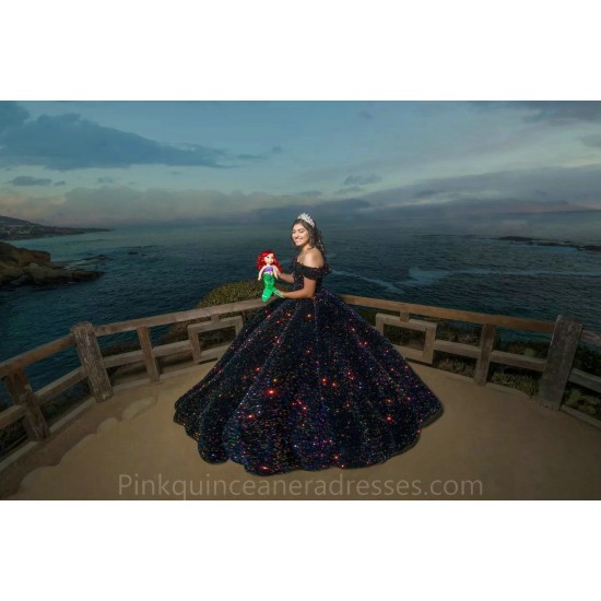 2024 Instagram Ball Gown Black Quince Dress Off Shoulder Sequin Birthday Party Dresses Sweetheart Neck Sweet 15 Gowns