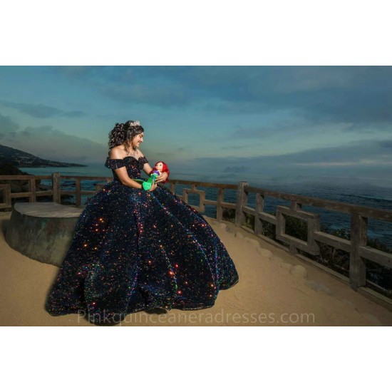 2024 Instagram Ball Gown Black Quince Dress Off Shoulder Sequin Birthday Party Dresses Sweetheart Neck Sweet 15 Gowns