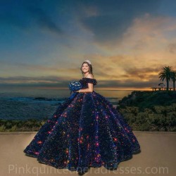 2024 Instagram Ball Gown Black Quince Dress Off Shoulder Sequin Birthday Party Dresses Sweetheart Neck Sweet 15 Gowns