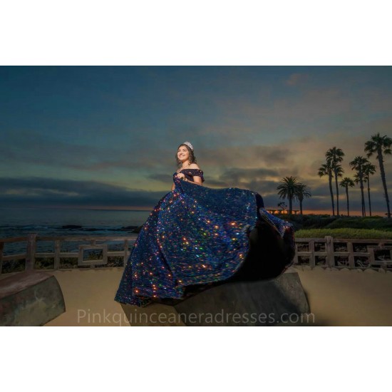 2024 Instagram Ball Gown Black Quince Dress Off Shoulder Sequin Birthday Party Dresses Sweetheart Neck Sweet 15 Gowns