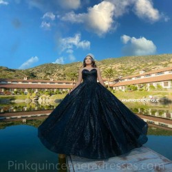 Sweetheart Neck Black Quince Dress 2024 Instagram Gowns Sequin Birthday Party Dresses Sleeveless Vestidos De 15 Anos