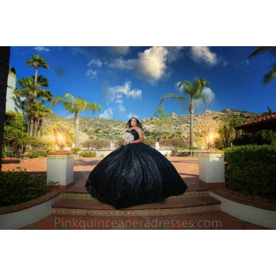 Sweetheart Neck Black Quince Dress 2024 Instagram Gowns Sequin Birthday Party Dresses Sleeveless Vestidos De 15 Anos