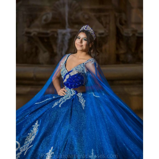 V Neck Blue Quinceanera Dress Cape Sleeve Wear Pageant Sweet 15 Gowns Lace Appliques 2024 Ball Gown Princess Dresses