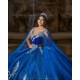 V Neck Blue Quinceanera Dress Cape Sleeve Wear Pageant Sweet 15 Gowns Lace Appliques 2024 Ball Gown Princess Dresses