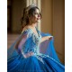 V Neck Blue Quinceanera Dress Cape Sleeve Wear Pageant Sweet 15 Gowns Lace Appliques 2024 Ball Gown Princess Dresses