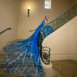 V Neck Blue Quinceanera Dress Cape Sleeve Wear Pageant Sweet 15 Gowns Lace Appliques 2024 Ball Gown Princess Dresses