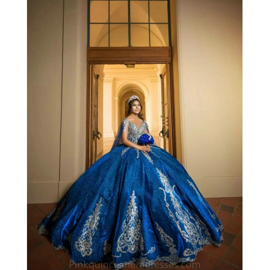 V Neck Blue Quinceanera Dress Cape Sleeve Wear Pageant Sweet 15 Gowns Lace Appliques 2024 Ball Gown Princess Dresses