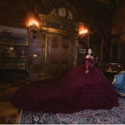 Long Sleeve Burgundy Quinceanera Dress Sweet 15 Gowns Sweetheart Neck Wear Pageant Ruffled 2024 Ball Gown Princess Dresses