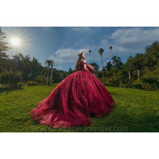 Off Shoulder Burgundy Quinceanera Dress 2024 Ball Gown Princess Dresses 3D Flowers Wear Pageant Sweetheart Neck Sweet 15 Gowns