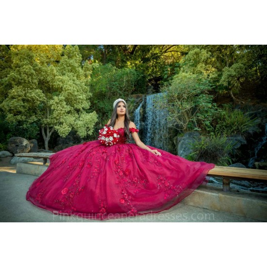 Off Shoulder Burgundy Quinceanera Dress 2024 Ball Gown Princess Dresses 3D Flowers Wear Pageant Sweetheart Neck Sweet 15 Gowns