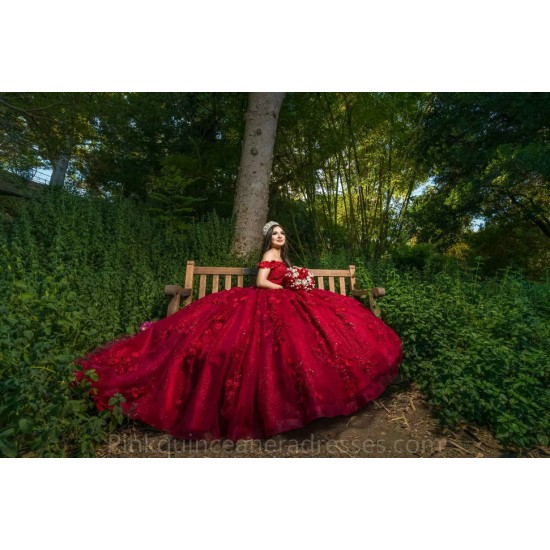 Off Shoulder Burgundy Quinceanera Dress 2024 Ball Gown Princess Dresses 3D Flowers Wear Pageant Sweetheart Neck Sweet 15 Gowns