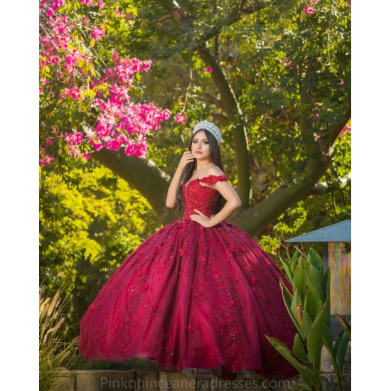 Off Shoulder Burgundy Quinceanera Dress 2024 Ball Gown Princess Dresses 3D Flowers Wear Pageant Sweetheart Neck Sweet 15 Gowns