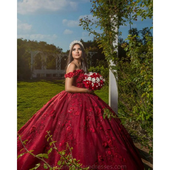 Off Shoulder Burgundy Quinceanera Dress 2024 Ball Gown Princess Dresses 3D Flowers Wear Pageant Sweetheart Neck Sweet 15 Gowns