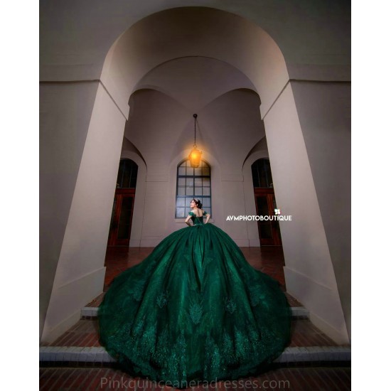 Sweetheart Neck Emerald Green Quince Dress 2024 Instagram Gowns Lace Appliques Birthday Party Robe Off Shoulder Vestidos De 15 Anos