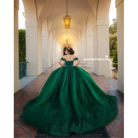 Sweetheart Neck Emerald Green Quince Dress 2024 Instagram Gowns Lace Appliques Birthday Party Robe Off Shoulder Vestidos De 15 Anos