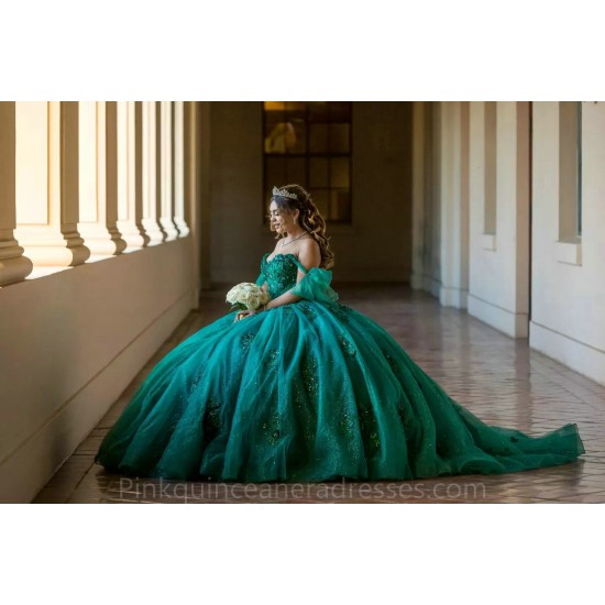 Sweetheart Neck Emerald Green Quinceanera Dress Off Shoulder 2024 Ball Gown Princess Dresses Sweet 15 Gowns Lace Appliques Wear Pageant