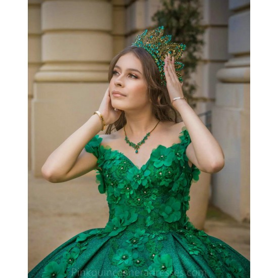 Off Shoulder Emerald Green Quinceanera Dress Wear Pageant Sweetheart Neck Sweet 15 Gowns Lace Appliques 2024 Ball Gown Princess Dresses