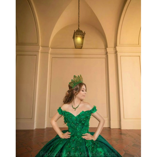 Off Shoulder Emerald Green Quinceanera Dress Wear Pageant Sweetheart Neck Sweet 15 Gowns Lace Appliques 2024 Ball Gown Princess Dresses