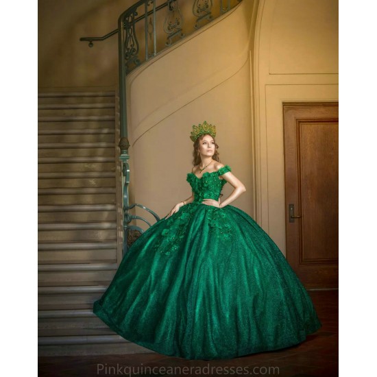 Off Shoulder Emerald Green Quinceanera Dress Wear Pageant Sweetheart Neck Sweet 15 Gowns Lace Appliques 2024 Ball Gown Princess Dresses