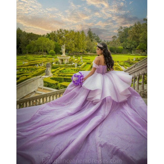 Sweetheart Neck Lilac Quinceanera Dress Off Shoulder Sweet 15 Gowns Pearl Wear Pageant 2024 Ball Gown Princess Dresses With Bow