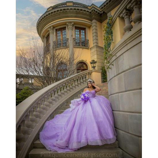 Sweetheart Neck Lilac Quinceanera Dress Off Shoulder Sweet 15 Gowns Pearl Wear Pageant 2024 Ball Gown Princess Dresses With Bow