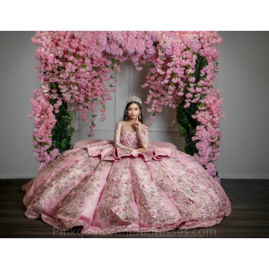 Pink Quince Dress Long Sleeve 2024 Instagram Ball Gown Lace Appliques Birthday Party Dresses Sweetheart Neck Sweet 15 Gowns