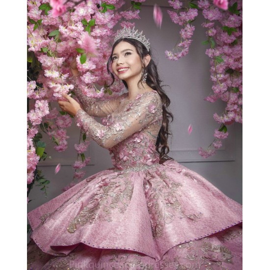 Pink Quince Dress Long Sleeve 2024 Instagram Ball Gown Lace Appliques Birthday Party Dresses Sweetheart Neck Sweet 15 Gowns