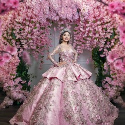 Pink Quince Dress Long Sleeve 2024 Instagram Ball Gown Lace Appliques Birthday Party Dresses Sweetheart Neck Sweet 15 Gowns