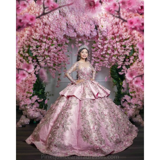 Pink Quince Dress Long Sleeve 2024 Instagram Ball Gown Lace Appliques Birthday Party Dresses Sweetheart Neck Sweet 15 Gowns