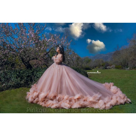 Pink Quince Dress Long Sleeve 2024 Instagram Gowns Ruffled Birthday Party Dresses Sweetheart Neck Vestidos De 15 Anos