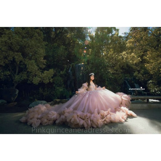 Pink Quince Dress Long Sleeve 2024 Instagram Gowns Ruffled Birthday Party Dresses Sweetheart Neck Vestidos De 15 Anos