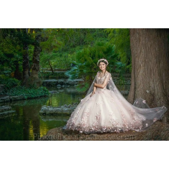 Pink Quinceanera Dress Cape Sleeve 2024 Ball Gown Princess Dresses Sweetheart Neck Sweet 15 Gowns 3D Flowers Wear Pageant