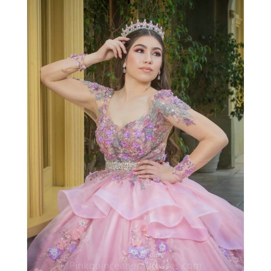 3D Flowers Pink Quinceanera Dress Long Sleeve Wear Pageant 2024 Ball Gown Princess Dresses Sweetheart Sweet 15 Gowns