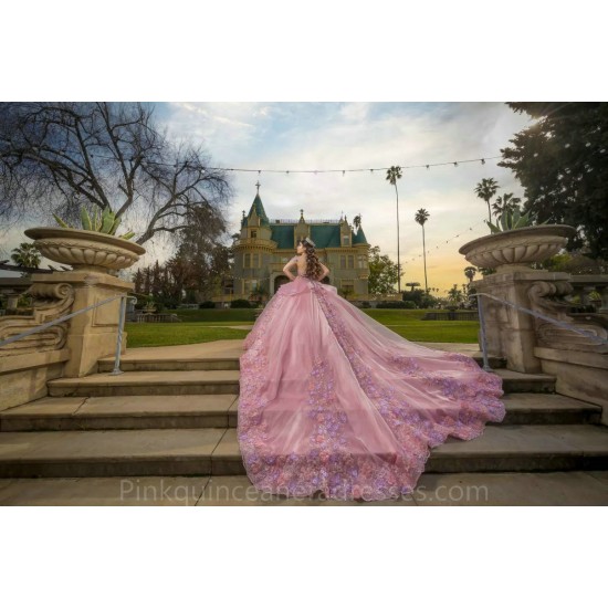 3D Flowers Pink Quinceanera Dress Long Sleeve Wear Pageant 2024 Ball Gown Princess Dresses Sweetheart Sweet 15 Gowns