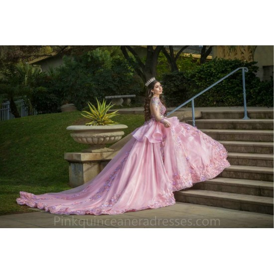 3D Flowers Pink Quinceanera Dress Long Sleeve Wear Pageant 2024 Ball Gown Princess Dresses Sweetheart Sweet 15 Gowns