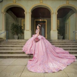 3D Flowers Pink Quinceanera Dress Long Sleeve Wear Pageant 2024 Ball Gown Princess Dresses Sweetheart Sweet 15 Gowns