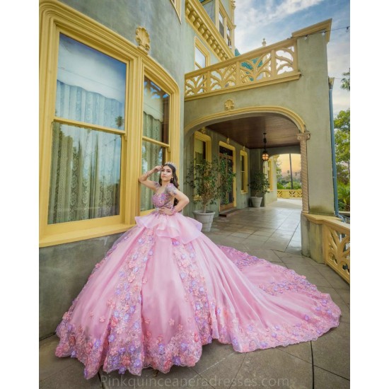 3D Flowers Pink Quinceanera Dress Long Sleeve Wear Pageant 2024 Ball Gown Princess Dresses Sweetheart Sweet 15 Gowns