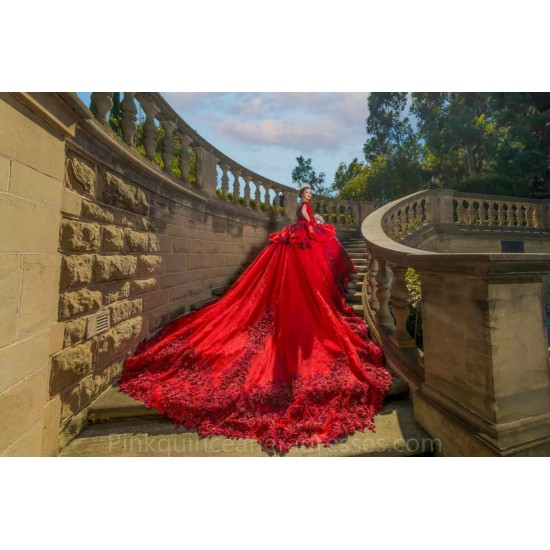 Lace Appliques Red Quince Dress Off Shoulder 2024 Instagram Ball Gown Birthday Party Dresses Sweetheart Neck Sweet 15 Gowns With Bow