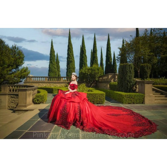 Lace Appliques Red Quince Dress Off Shoulder 2024 Instagram Ball Gown Birthday Party Dresses Sweetheart Neck Sweet 15 Gowns With Bow