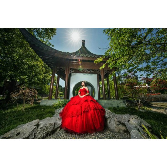 Sleeveless Red Quince Dress Off Shoulder Birthday Party Dresses Vestidos De 15 Anos Lace Appliques 2024 Instagram Gowns