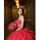 Lace Appliques Birthday Party Dresses Red Quince Dress Sleeveless 2024 Instagram Gowns Sheer Bodice Sweetheart Neck Vestidos De 15 Anos