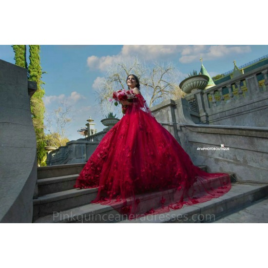 Red Quince Dress Sweetheart Neck Sequin Birthday Party Dresses Cape Sleeve Vestidos De 15 Anos Lace Appliques 2024 Instagram Gowns