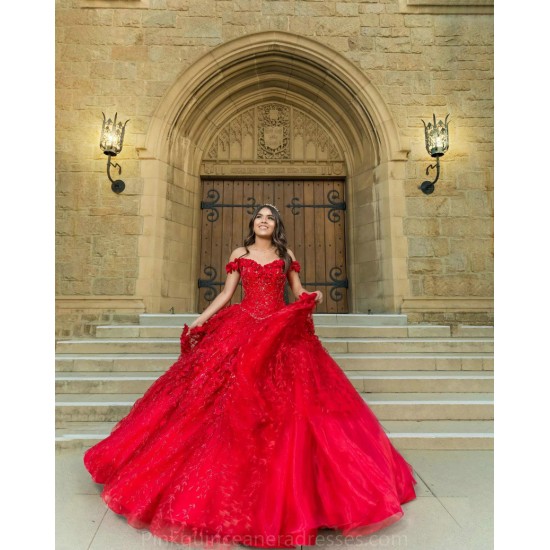 Red Quinceanera Dress Off Shoulder Wear Pageant Sweetheart Neck Sweet 15 Gowns Lace Appliques 2024 Ball Gown Princess Dresses