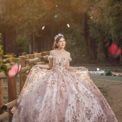 Sweetheart Neck Rose Gold Quince Dress 2024 Instagram Gowns Lace Appliques Birthday Party Dresses Off Shoulder Vestidos De 15 Anos