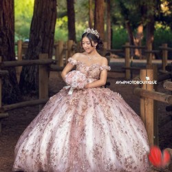 Sweetheart Neck Rose Gold Quince Dress 2024 Instagram Gowns Lace Appliques Birthday Party Dresses Off Shoulder Vestidos De 15 Anos