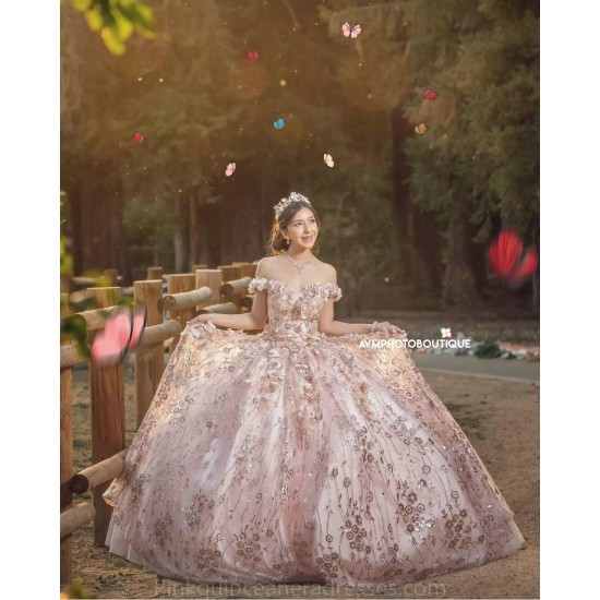 Sweetheart Neck Rose Gold Quince Dress 2024 Instagram Gowns Lace Appliques Birthday Party Dresses Off Shoulder Vestidos De 15 Anos