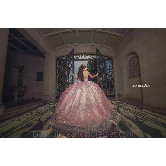 Sweetheart Neck Rose Gold Quince Dress Sequin Birthday Party Dresses Off Shoulder Vestidos De 15 Anos Lace Appliques 2024 Instagram Gowns